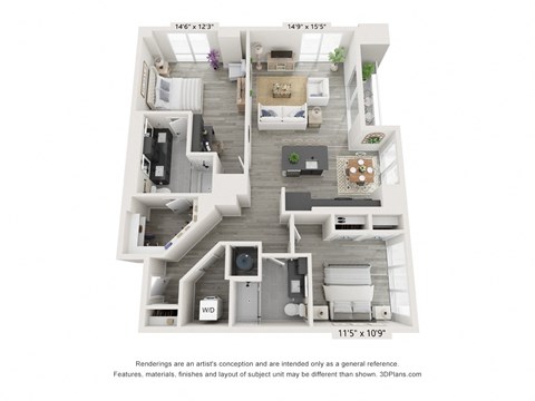 Floor plan for 2 beds, 2 baths, 1278 sqft